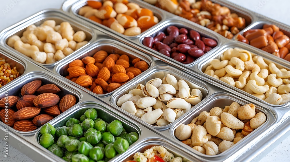 Assorted nuts, beans, and peas in metal containers. Assorted nuts, beans, and peas in metal containers.