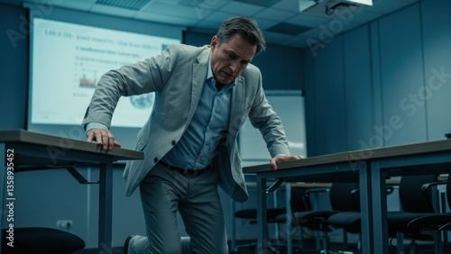 Obraz na płótnie Anxious Caucasian mature businessman in suit leans on tables in a dimmed conference room with concern, suggesting business crisis, fear. w salonie