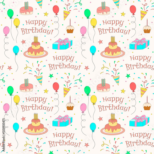 Happy birthday seamless vector pattern with cakes, gift box, balloons and firecrackers