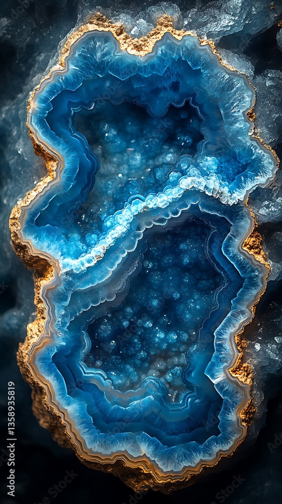 Cross Section of Blue Agate Geode with Intricate Layers and Golden Edges Cross Section of Blue Agate Geode with Intricate Layers and Golden Edges