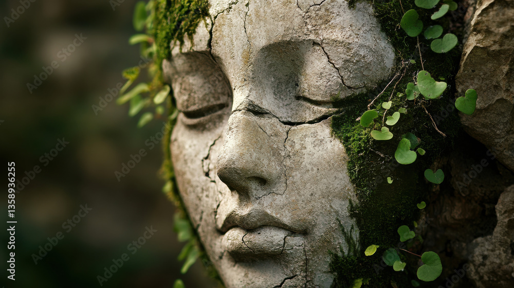 Obraz premium A stone-carved human face fragment, aged with time and covered in patches of soft moss and tiny sprouts. The rough chiseled surface contrasts beautifully with the delicate greenery, evoking a sense 