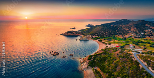 Obraz na płótnie Fantastic summer view from flying drone of Cheromylos beach with endless horizon. Wonderful sunrise on Euboea island, Greece. Picturesque Aegean seascape. Beauty of nature concept background. w salonie