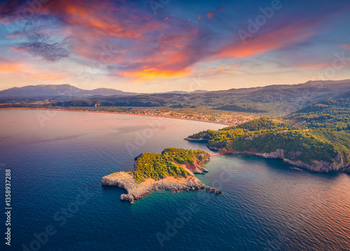 Obraz na płótnie Attractive summer sunset on Saint Basil Beach with Agkali village on background, Nileas, Greece, Europe. Wonderful morning scene of Euboea island. Stunning morning seascape of Aegian sea. w salonie