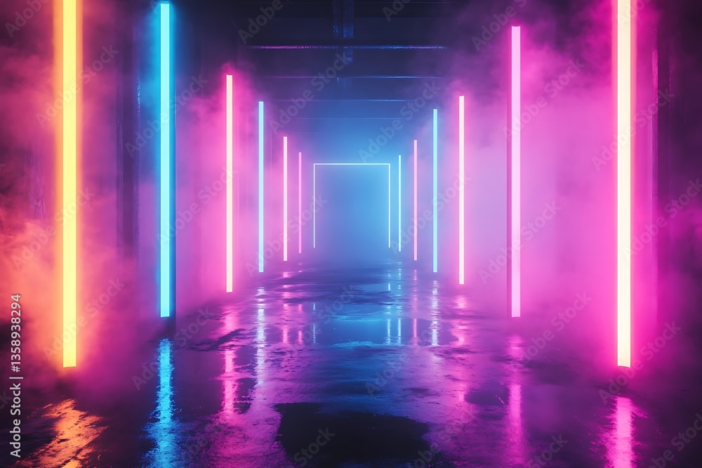 Neon lights illuminate a smoky corridor with reflective floor. Neon lights illuminate a smoky corridor with reflective floor.