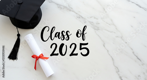 Graduation Cap and Diploma Celebrating Class of 2025 on Marble  