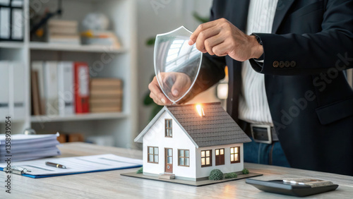 A home insurance broker placing a protective shield over a miniature house model, symbolizing property protection and security.