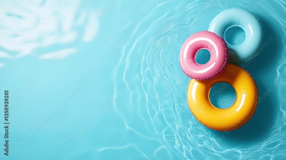 Three colorful inflatable rings float peacefully on the tranquil pool water, inviting summer fun while evoking feelings of relaxation and joyous memories of carefree days.