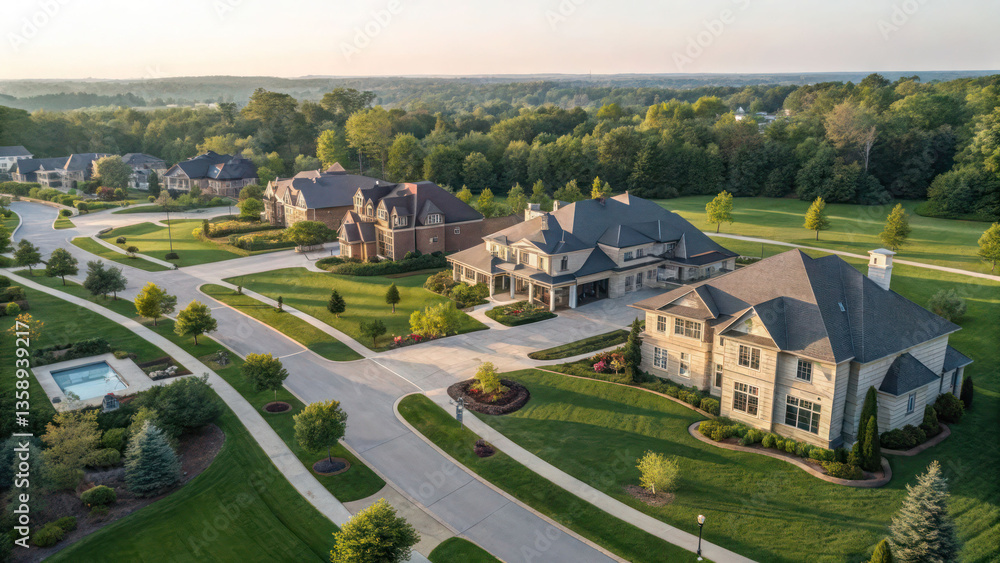 Naklejka premium A high-resolution bird’s-eye view of a suburban gated community with luxurious townhouses, manicured parks, and exclusive clubhouses.