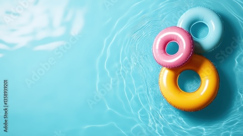 Obraz na płótnie Three colorful inflatable rings float peacefully on the tranquil pool water, inviting summer fun while evoking feelings of relaxation and joyous memories of carefree days. w salonie