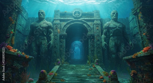 Submerged Ancient Ruins Mysterious Underwater Stone Gateway with Guardian Statues