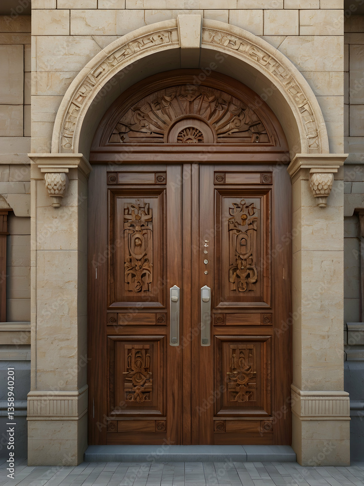 Ornate wooden double doors with intricate carvings and a stone archway. Ornate wooden double doors with intricate carvings and a stone archway.