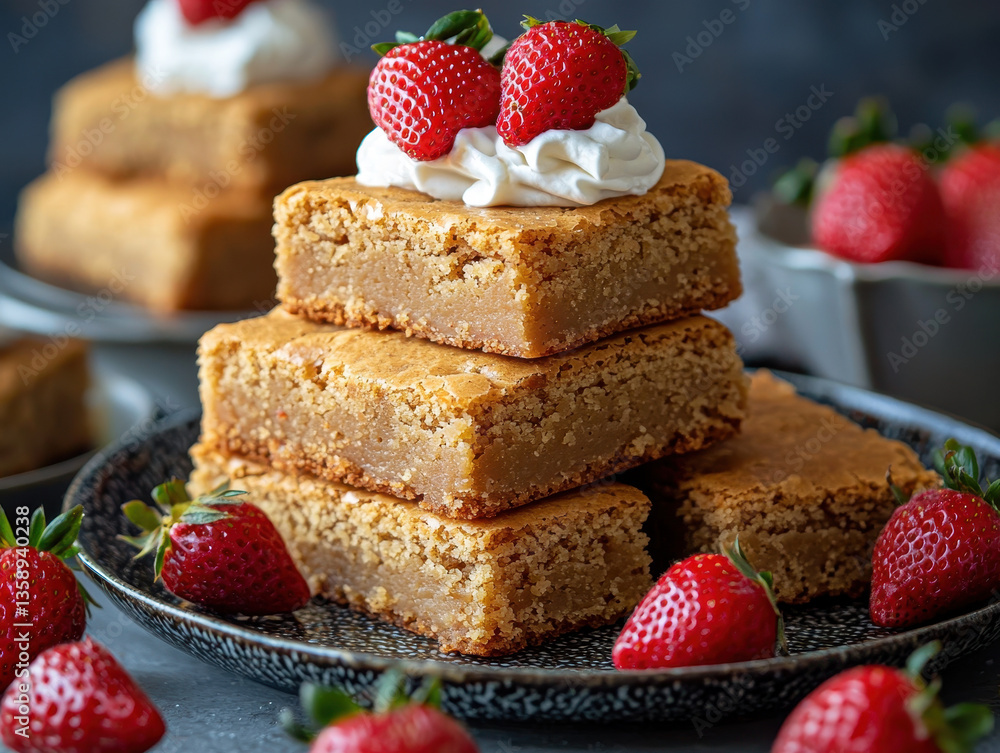 Stylish dessert table showcases strawberry blondies with whipped cream and fresh berries for International Strawberry Blondie Day