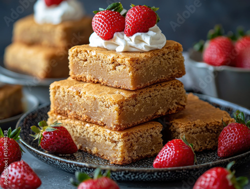 Obraz na płótnie Stylish dessert table showcases strawberry blondies with whipped cream and fresh berries for International Strawberry Blondie Day w salonie