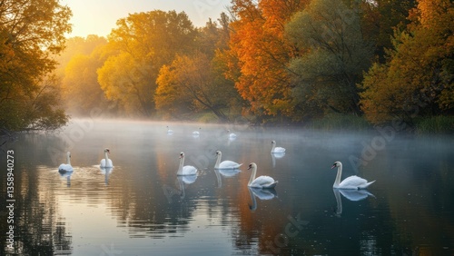 Fototapeta Naklejka Na Ścianę i Meble -  Swans float calmly on river water; autumn trees in golden light. Calm, peaceful scene featuring nature, foliage in colorful autumnal hues, fog. 