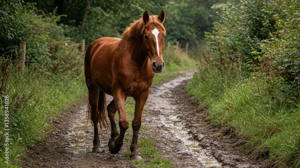 Fototapeta premium Chestnut horse walks on a muddy path through a green forest. Image conveys themes such as freedom, natural beauty, and animal well-being.
