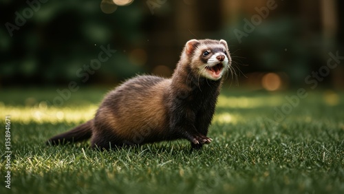 Obraz na płótnie A sable ferret is running in green grass. Natural light with shallow depth of field. Playful mood. Pet ownership and animal concept. w salonie
