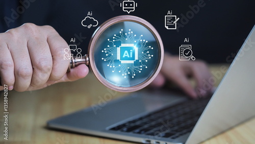 Businessman uses artificial intelligence technology to automate data analysis, action, dashboard reports with sales charts and business insights.