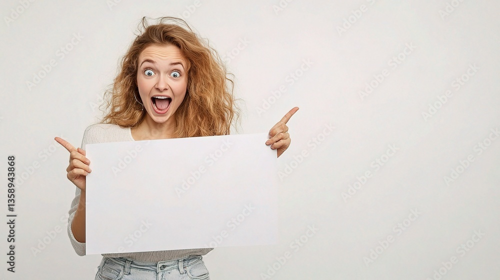 Naklejka premium Excited Young Woman Holding Blank Banner and Pointing Cheerfully