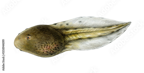Fotografi Tadpole of a frog or toad realistic hand drawn illustration on white background