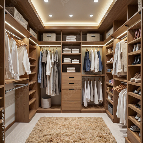 Luxury walk-in closet with custom shelving and elegant finishes, organization