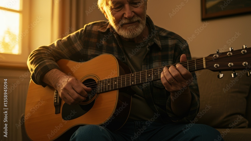 Obraz premium Senior Caucasian man plays acoustic guitar indoors. Warm light creates cozy mood. Depicts relaxation, hobby, and musical expression.