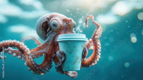 Wallpaper Mural A whimsical underwater scene featuring an octopus gracefully holding a coffee cup, blending humor with marine life in a delightful and unexpected way. Torontodigital.ca