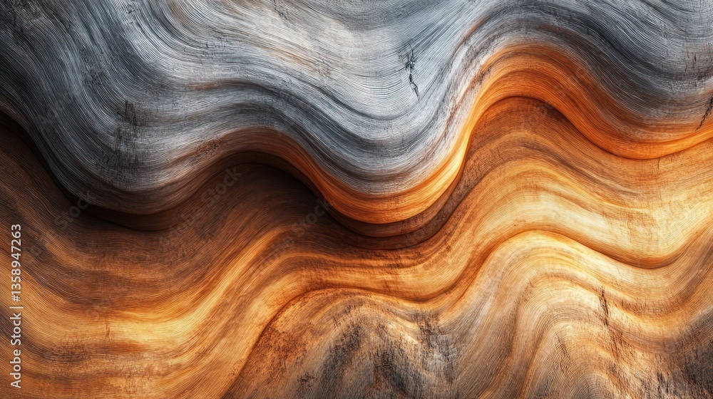 Fototapeta premium Abstract wooden waves interplay of warm amber tones and cool silver hues forming a mesmerizing and natural decorative surface design element