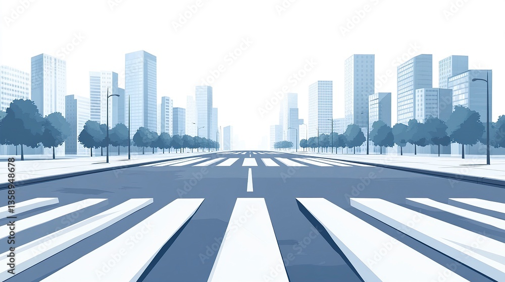 A clean flat vector illustration of an empty urban street with a wide crosswalk, bordered by simple sidewalks and faint dashed road lines, on a white background. A clean flat vector illustration of an empty urban street with a wide crosswalk, bordered by simple sidewalks and faint dashed road lines, on a white background.