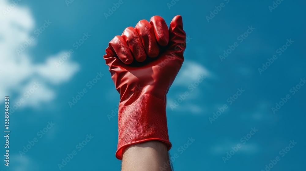 A powerful image depicting a raised fist in a red glove symbolizes strength and resistance, set against a backdrop of a vibrant blue sky filled with fluffy white clouds.
