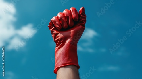 Obraz na płótnie A powerful image depicting a raised fist in a red glove symbolizes strength and resistance, set against a backdrop of a vibrant blue sky filled with fluffy white clouds. w salonie
