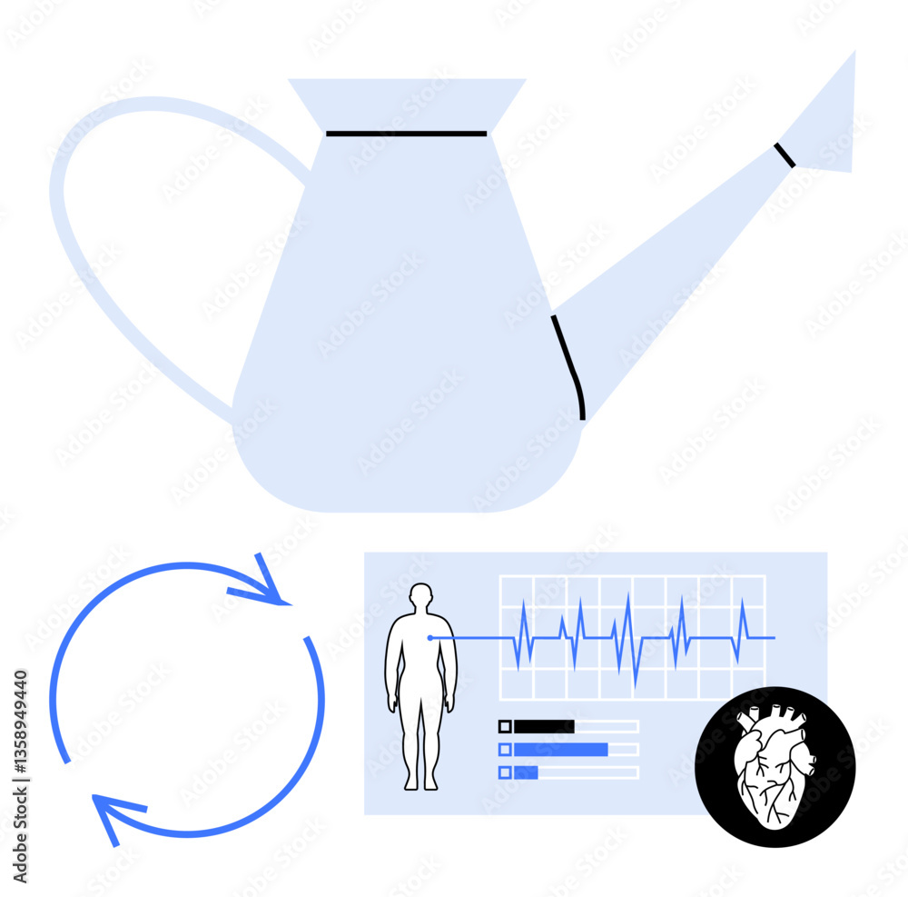 Watering can representing nurturing, health monitor with body diagram and heartbeat line, circular arrows symbolizing renewal. Ideal for healthcare, life cycle, hydration, vitality, growth, balance Watering can representing nurturing, health monitor with body diagram and heartbeat line, circular arrows symbolizing renewal. Ideal for healthcare, life cycle, hydration, vitality, growth, balance