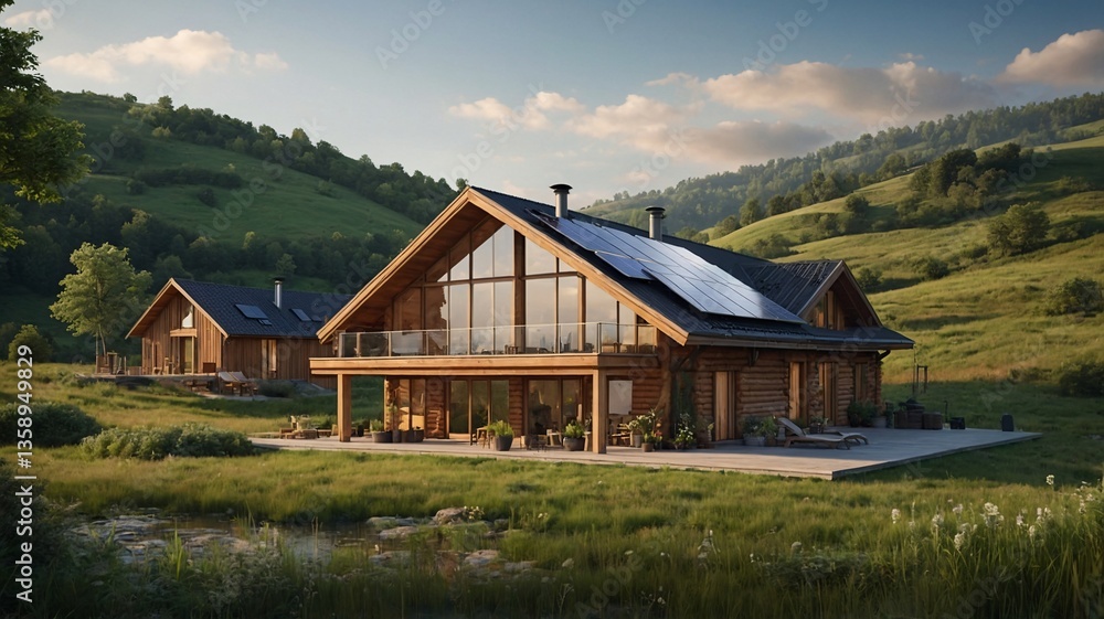 Stunning wooden cabin with large windows and solar panels, nestled in lush green hills during golden hour. Stunning wooden cabin with large windows and solar panels, nestled in lush green hills during golden hour.