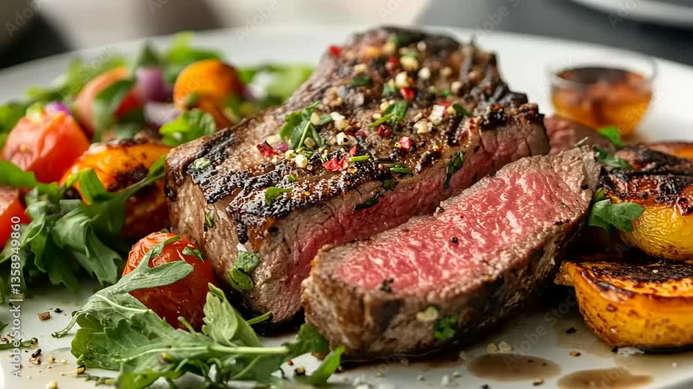 Deliciously grilled steak served with fresh salad and roasted vegetables on a dining table Deliciously grilled steak served with fresh salad and roasted vegetables on a dining table