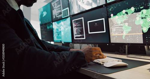 Quadro su tela Computer, security and person on screen for surveillance, global investigation and protection
