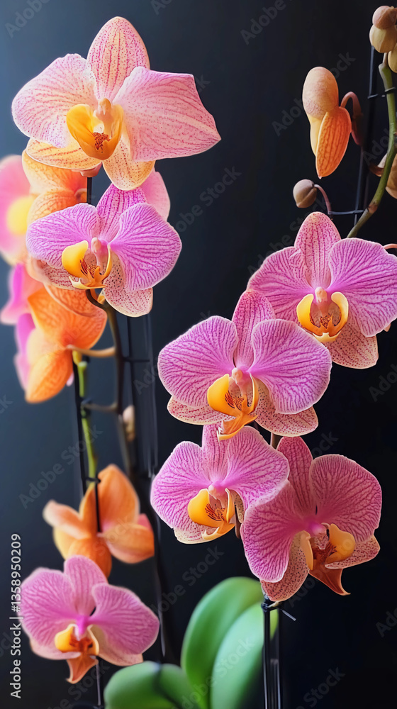 Obraz premium Vibrant Pink Orchids in Pots Against the Beautiful Backdrop of Sunset Light, Highlighting Their Stunning Colors and Natural Beauty