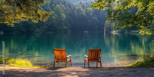 Panoramic view, two wooden chairs relaxing on the edge of a beautiful lake, background of lake and mountains, dense and lush trees