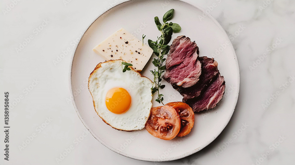 Traditional balkan breakfast with eggs, cheese, and grilled meat on marble background Traditional balkan breakfast with eggs, cheese, and grilled meat on marble background