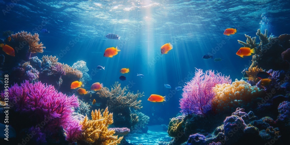 Fototapeta premium Panoramic view, underwater world, beautiful shells and fish, bright blue sea, colorful swimming fish