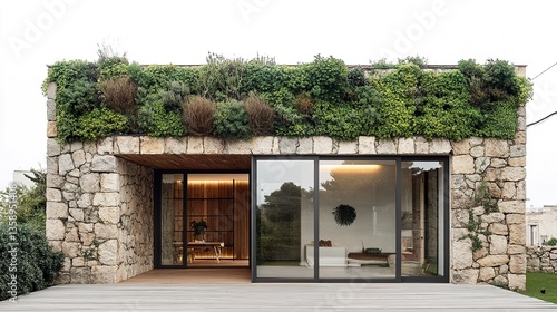 A compact minimalist stone house with a blend of rough-hewn and polished stone, large sliding glass doors, and a green living wall, on a plain white backdrop 