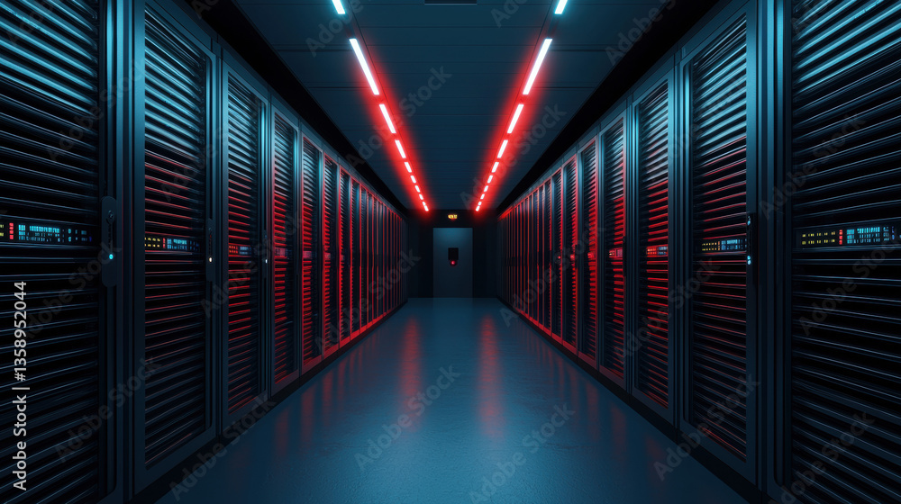 Cloud base file storage futuristic data center with red and blue lighting creates high tech atmosphere Cloud base file storage futuristic data center with red and blue lighting creates high tech atmosphere