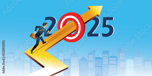 Businessman running and archery target breaking successful on 2025 year. Business superhero running on arrows to goals in 2025 year. business ideas and success. vector