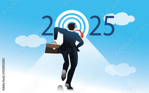 Businessman running and archery target breaking successful on 2025 year. Business superhero running on arrows to goals in 2025 year. business ideas and success. vector, illustration