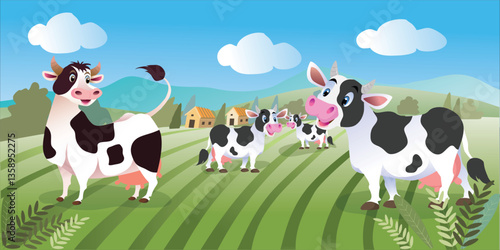 Milk cows grazing in pasture, eating grass. Farm domestic animals, heifers in grassland. Free-range cattle on farmland. Country field. Rural landscape. Flat vector