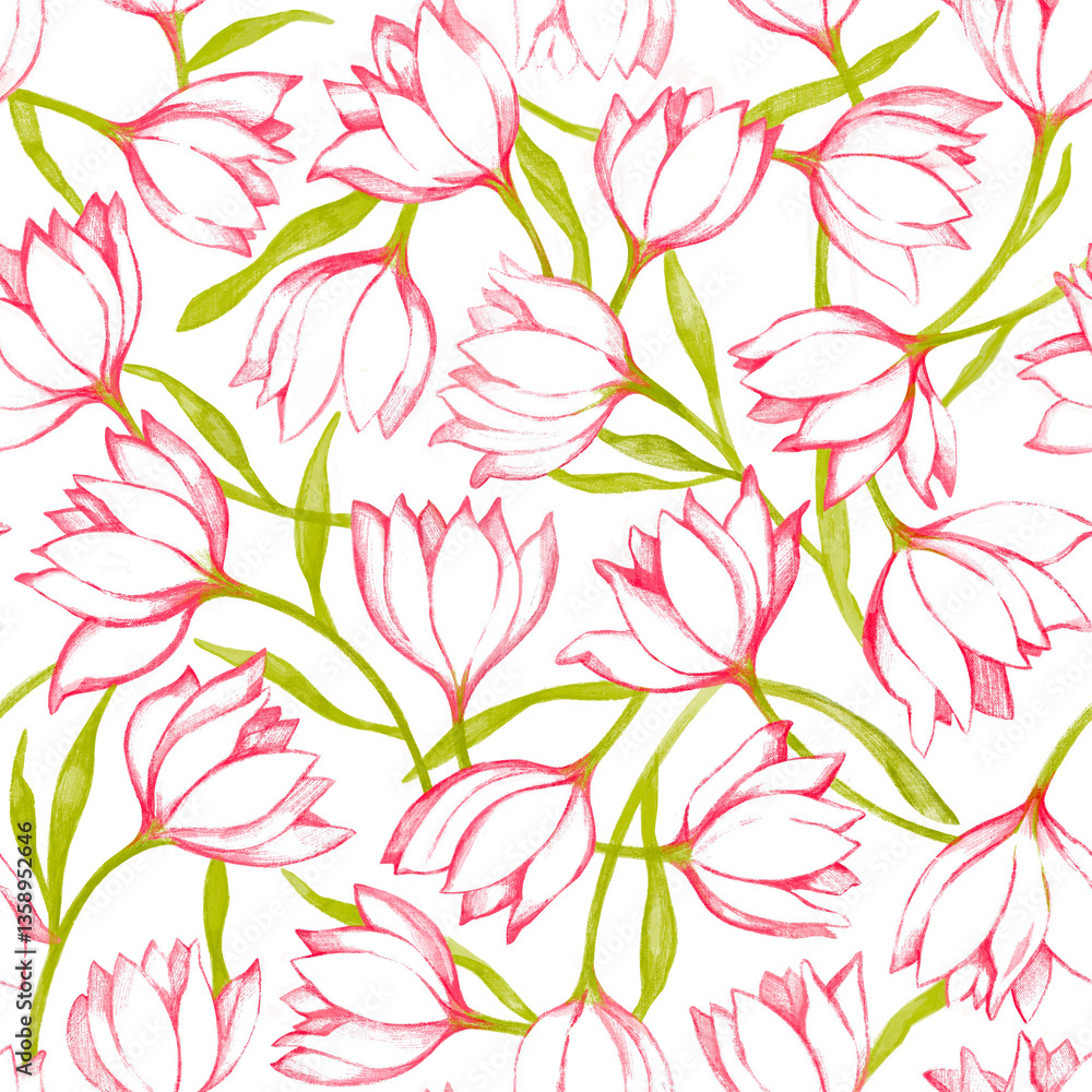 Spring layered white flowers and green leaves Delicate floral seamless pattern in minimalist style Spring layered white flowers and green leaves Delicate floral seamless pattern in minimalist style