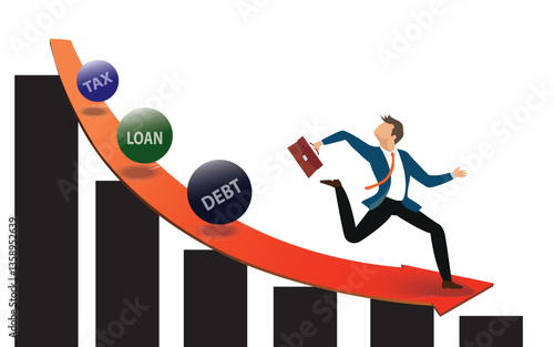 Businessman runs away from financial problems. Loser under debt burden, taxes pressure. Male debtor runs away from large stones with inscription - debt,loan and tax. Bankruptcy. Flat vector
