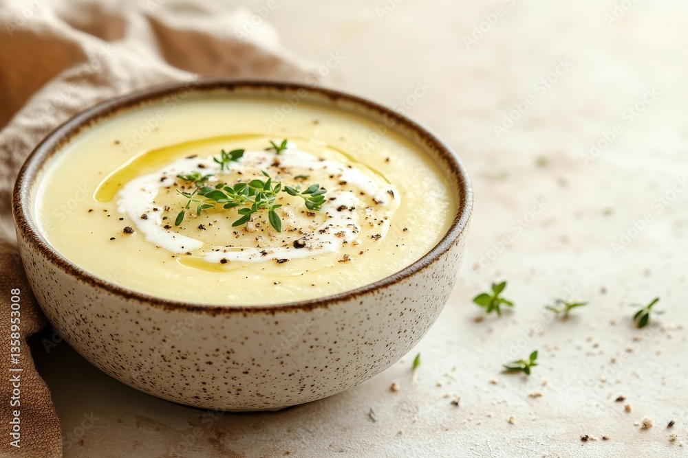 Creamy parsnip soup in a speckled bowl with thyme and olive oil drizzle. Use it to showcase healthy eating, food blogs, or cooking-related materials. Creamy parsnip soup in a speckled bowl with thyme and olive oil drizzle. Use it to showcase healthy eating, food blogs, or cooking-related materials.