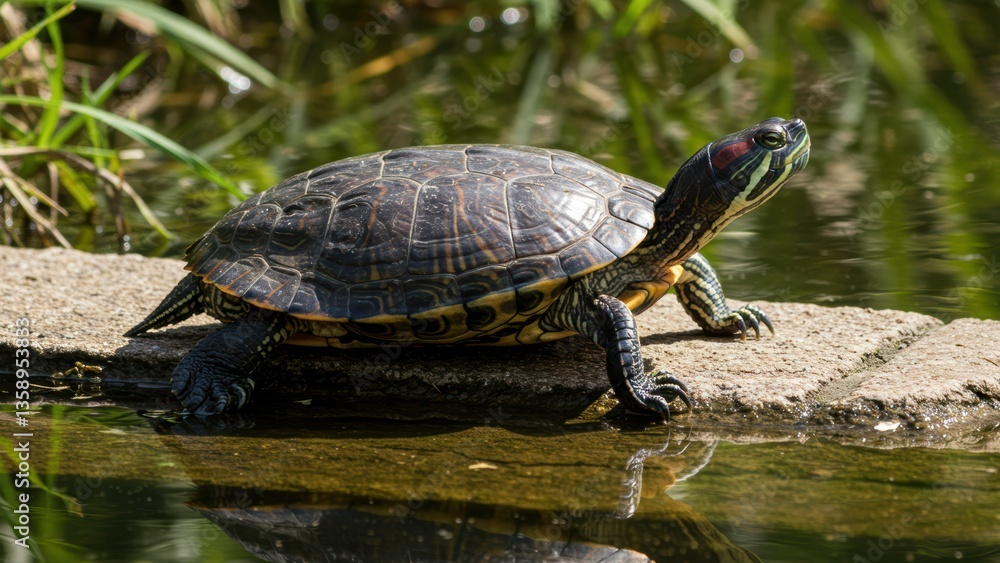 Obraz premium Red-eared slider turtle sits on rock next to water, basking in natural light, Calm, nature, wildlife, environment, reptile, aquatic life, summer,