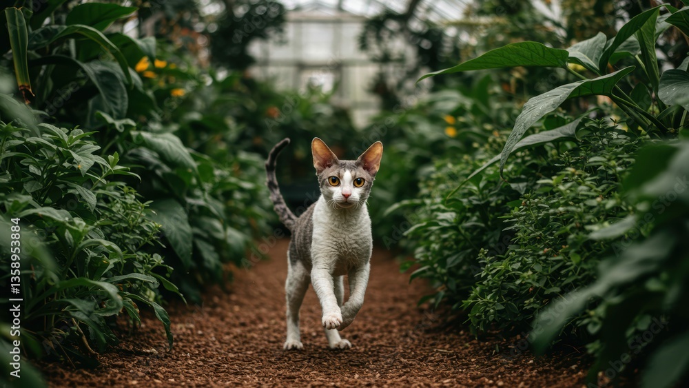 Obraz premium Running Cornish Rex cat in lush greenhouse, The feline is gray and white, The botanical garden is full of green foliage, creating natural, warm-toned image,