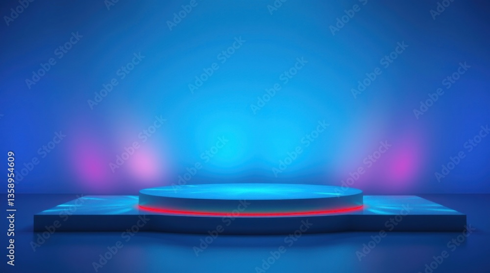 Blue product display stand with red accent lighting shown Blue product display stand with red accent lighting shown