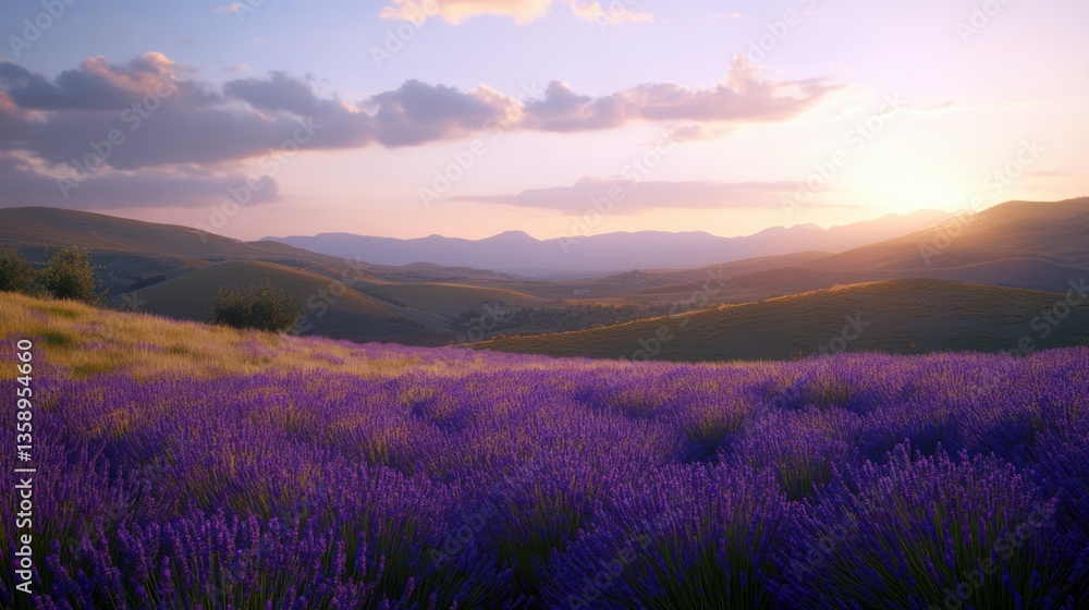 Fototapeta premium Lavender field at sunset with a view of rolling hills